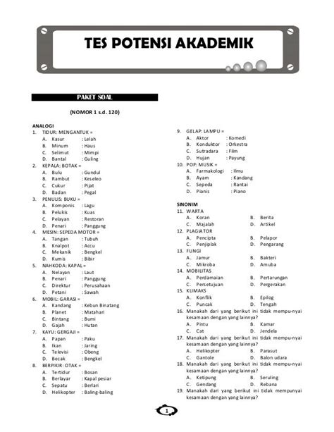 Soal Tes Potensi Akademik Dan Kunci Jawaban