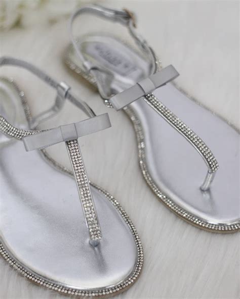 Women Wedding Sandals Silver Rhinestones T Strap Flat Sandal Etsy