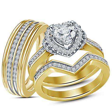 Diamond Trio Ring Set His Her Bridal Wedding Band Ring In 14k Yellow