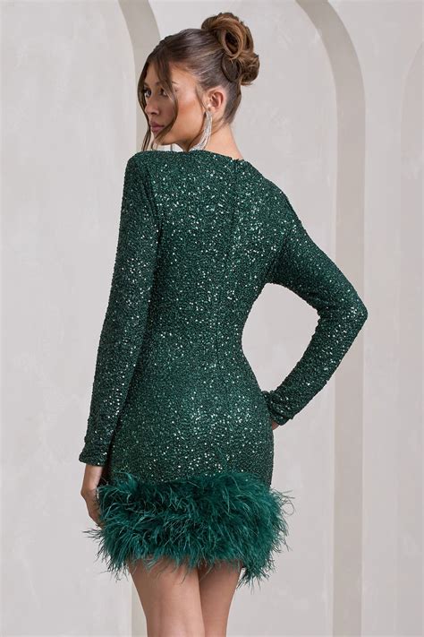 Claudia Bottle Green Sequin High Neck Feather Hem Mini Dress With Lo