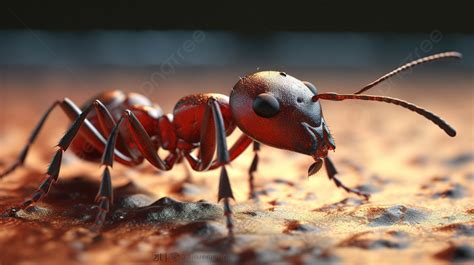 Close Up Of An Ant On Dirt Background 3d Realistic Red Black Imported