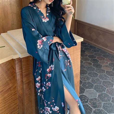 Print Flower Nightgown Spring Summer Female Long Robe Sexy Kimono Gown