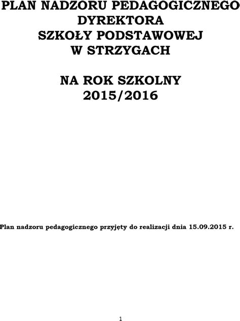 Plan Nadzoru Pedagogicznego Dyrektora Szko Y Podstawowej W Strzygach Na