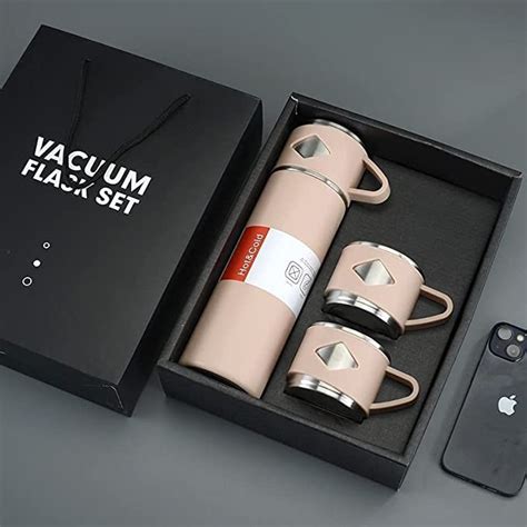 Steel Vacuum Flask Set With 3 Steel Cups Combo 500ml Odorless Keeps HOT Cold Ideal Gift