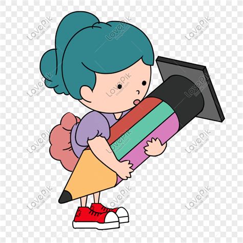 Gambar Ilustrasi Gadis Kecil Kartun Memegang Pensil Besar Png Unduh