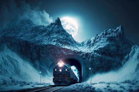 Premium Photo | Illuminated polar express train exits passage in rock in form of tunnel