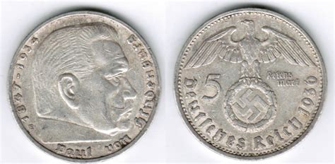 Drittes Reich 5 Reichsmark 1936 E Hindenburg Mit HK 13 89 G 900er