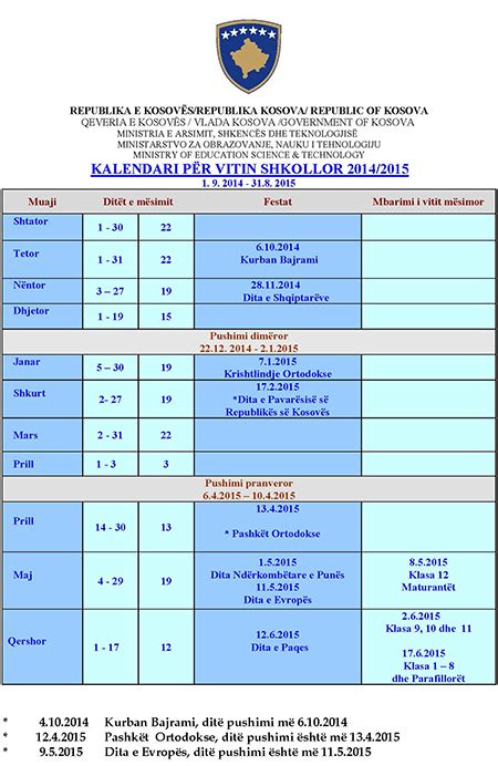 Kalendari shkollor 2014 2015 Medreseja Alauddin Prishtinë