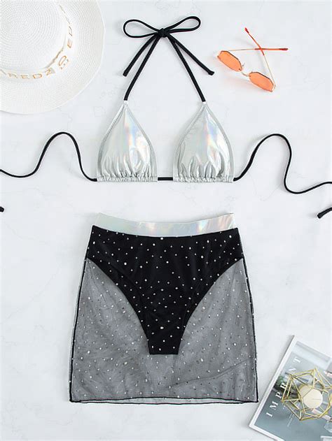 Shein Swim Y Glam Ba Ador Bikini Tri Ngulo Halter Con Diamante De