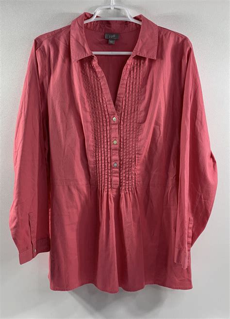 J Jill Womens Large Pintuck Button Up Top Peplum Hem Long Sleeve Pink