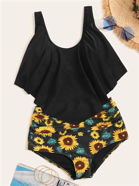 Shein Swim Vcay Random Sunflower Hanky Hem High Waist Bikini Swimsuit