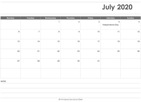 Editable July 2020 Calendar