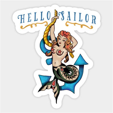 Hello Sailor Jerry Style Red Haired Mermaid Vintage Style Tattoo Mermaid Sticker Teepublic