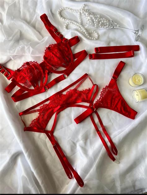 Embroidered Lingerie Set Red Lingerie Set Mesh Bra Garter Belt Embroidery Lingerie Red Mesh