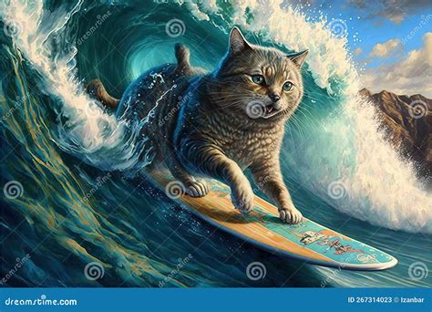 Cat Surfing In Hawaii Like A Pro Surger Illustration Generative Ai