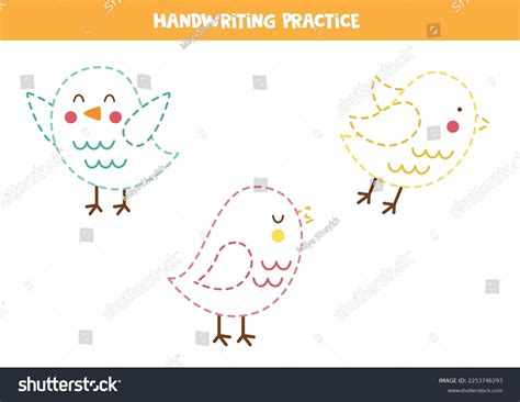 Tracing Contours Cute Colorful Birds Handwriting Stock Vector Royalty