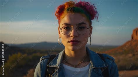A Youthful Woman Participates In A Celebration Of Gay Pride Adorned With The Rainbow Flag Hair