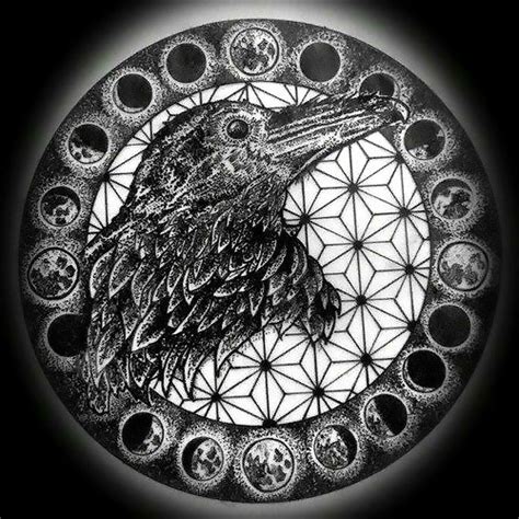 Dotwork Gothic Raven In Moon Cycle Tattoo Design