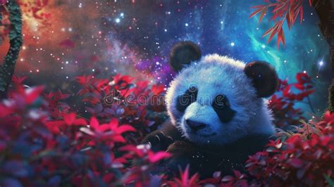 Cosmic Baby Panda Bear Cub In Beautiful Dreamlike Bamboo Forest