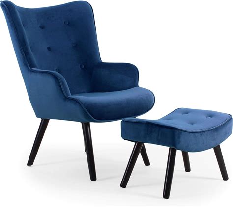 Menzzo Fauteuil Scandinave Bleu Avec Pouf Repose Pied Salon