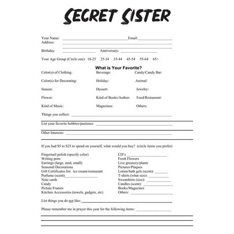 Free Printable Secret Sister Questionnaire Web Get To Know Your Secret Sister Printable