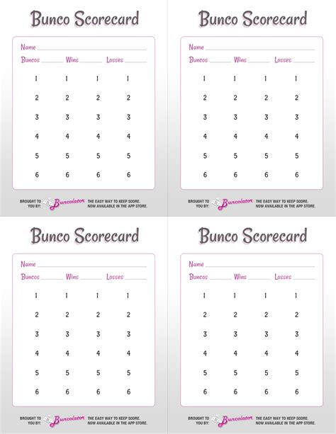 Bunco Score Sheets Printable