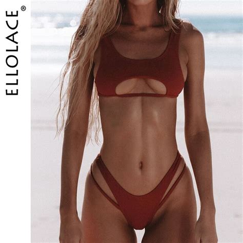 Ellolace Sexy Bikini Aush Hlen Badeanzug Weibliche High Cut Bademode Solide Mode Badeanzug