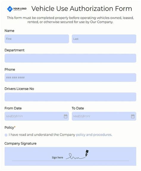 Vehicle Use Authorization Form Template Formbuilder