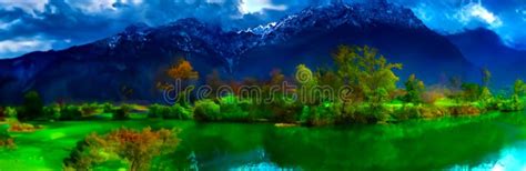 An Artistic Dream Like Image Showing a Mountain Landscape with Trees ...