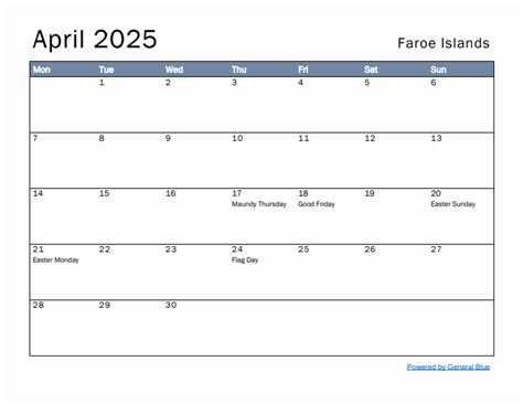 Free Monthly Calendar Template for April 2025 with Faroe Islands Holidays