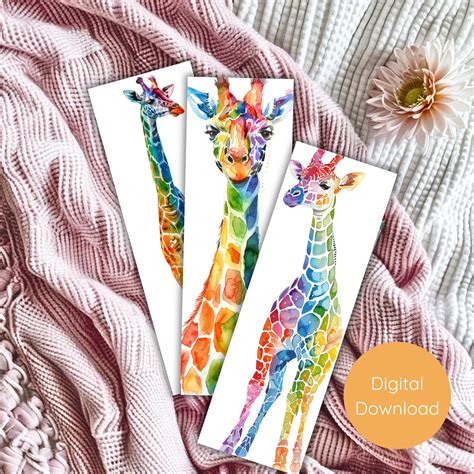 Giraffe Bookmark Printable Bookmark Rainbow Bookmark Watercolor