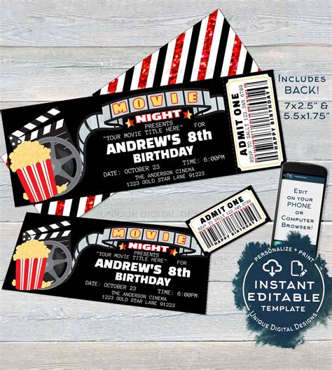 Movie Night Invitation Movie Birthday Party Invite Cinema Editable M