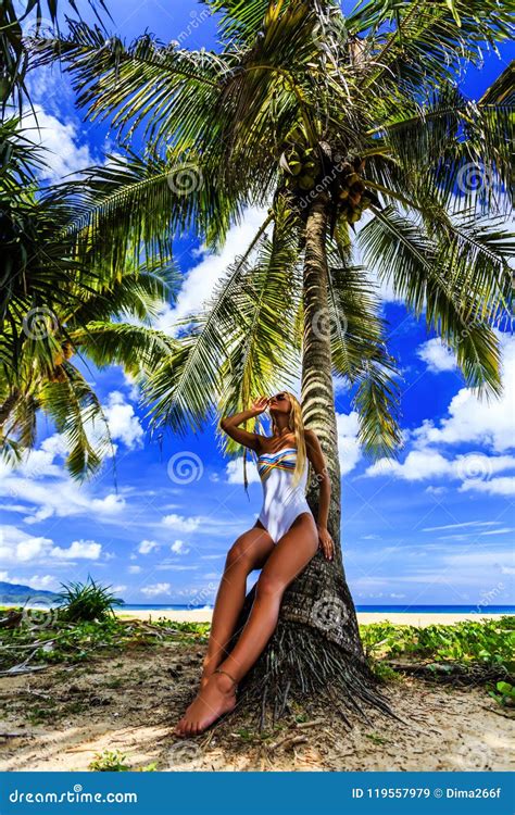 Woman In White Bikini Posing At The Palm Tree Stock Image Image Of Fashion Model 119557979