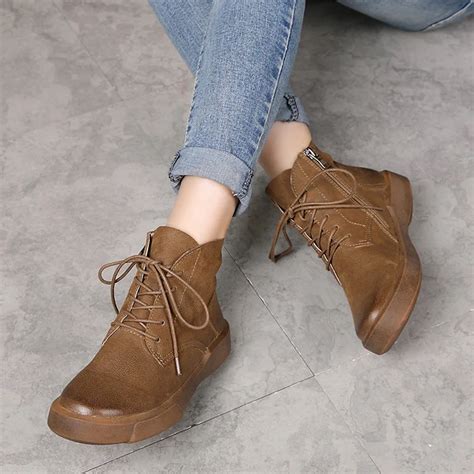 Genuine Leather Women Ankle Boots Black Handmade Women Autumn Shoes Lace Up Low Heels Leather ...