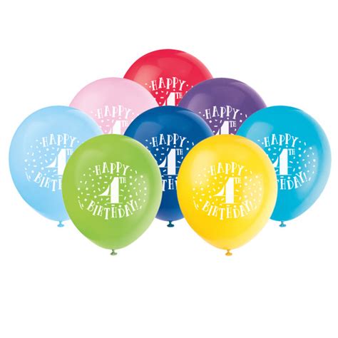 Fun Happy 4th Birthday 12″ Latex Balloons, 8ct - The Party Warehouse