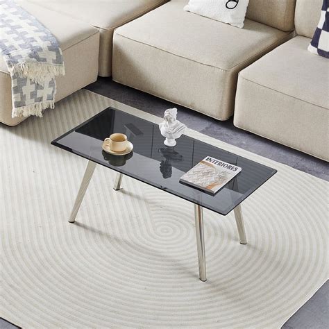 Clipop Glass Coffee Table With Stainless Steel Legs For Living Roomblack