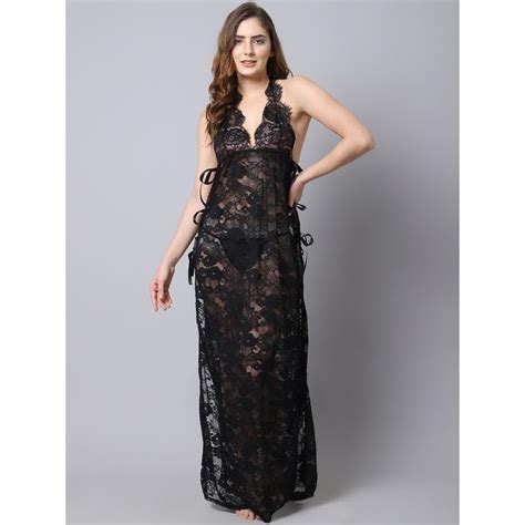 Buy Shararat Womens Lace Babydoll Lingerie Nightwear Long Gown Black