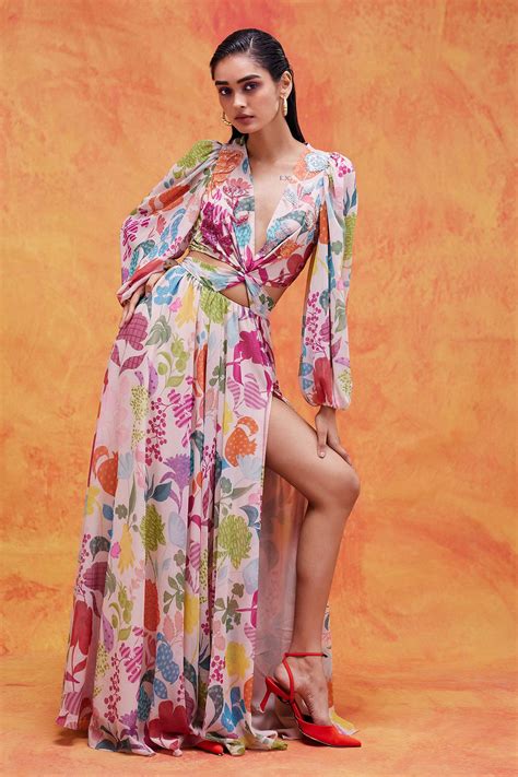 Buy Ivory Chiffon Printed Floral V Neck Joyce Cut Out Dress For Women