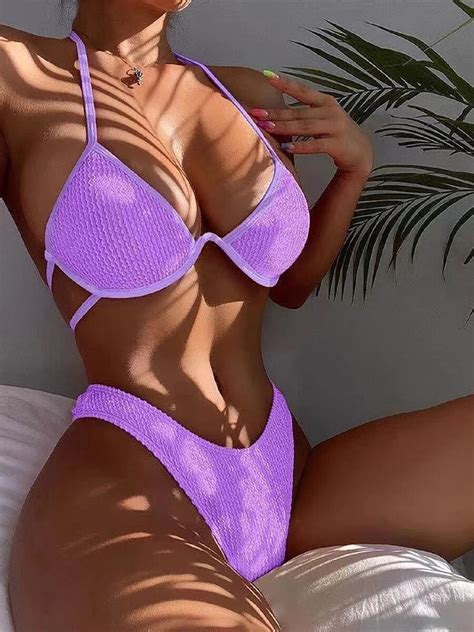 Halter String Bikini Solid Trikini Push Up Swimsuit Women Sexy