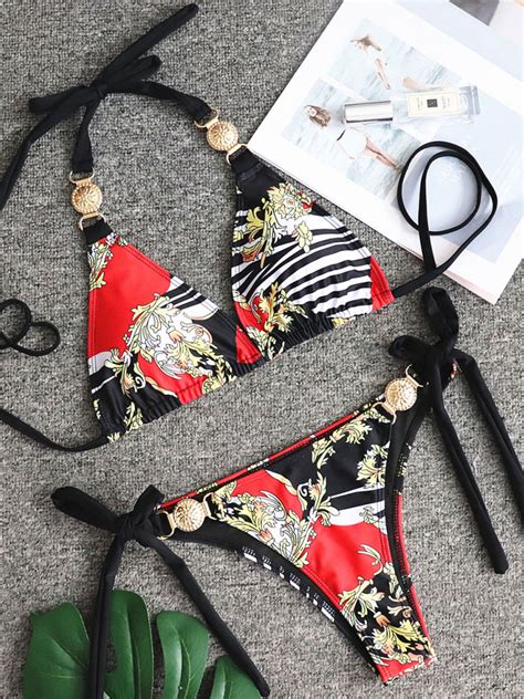 Bikini Swimsuit For Women Red Polyester Sexy Summer Beach Piece Set Swimwear Milanoo