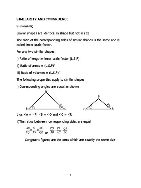 Similarity and Congruence Summary : AB PQ PR QR | PDF | Area | Volume 