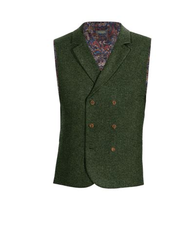 Chaleco Elegante Double Breasted De Tweed Verde Herringbone Con Solapa