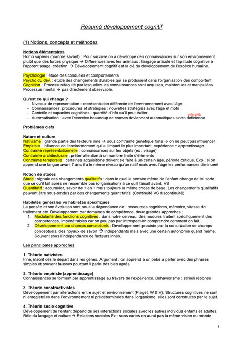 Résumé développement cognitif Psychologie du développement cognitif