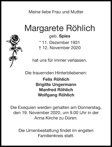 Traueranzeigen von Margarete Röhlich Aachen gedenkt