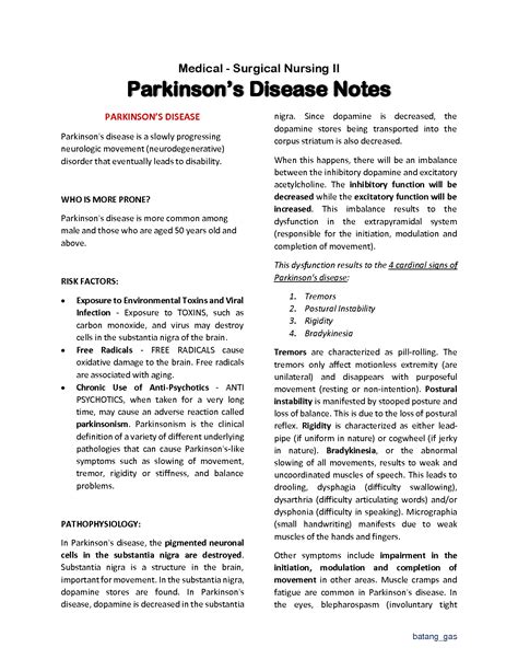 SOLUTION Medical Surgical Nursing II Parkinsons Disease Notes