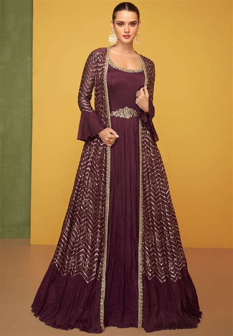 Buy Hand Embroidered Chinon Silk Abaya Style Suit In Wine Online