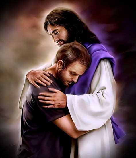 A Painting Of Jesus Hugging A Man With His Arms Wrapped Around Him