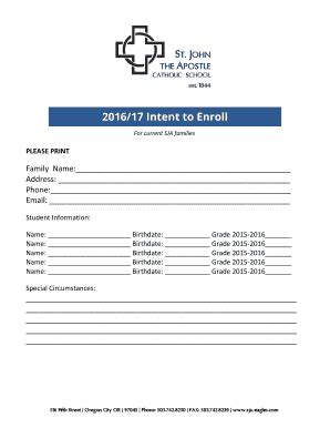 Fillable Online Sja Intent To Enroll St John The Apostle Catholic