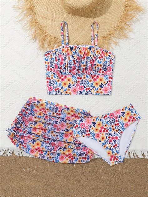 Tween Girl Floral Printed Bikini Set Bikini Set Summer Beach Shein Usa