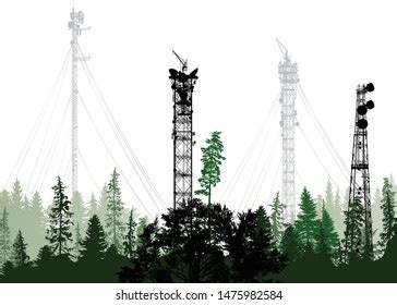 Illustration Antenna Tower Silhouette Green Forest Stock Vector